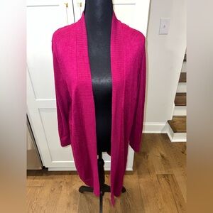 Kasper Open-Front Long Cardigan in Bright Magenta Linen Blend Size PXL